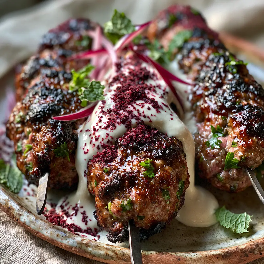 Moroccan Kefta Kebab: The Ultimate Juicy Grilled Beef Skewers 2 Close up handheld photo of charred Moroccan Kefta Kebabs with visible parsley flecks and glistening juices. (Moroccan Kefta Kebab)