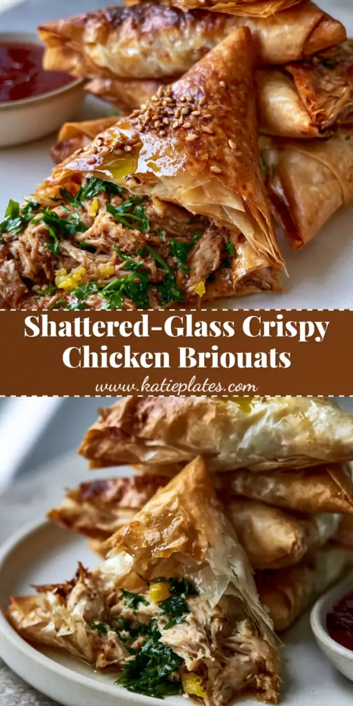 A handheld smartphone photo showing a stack of crispy golden-brown Moroccan chicken briouats with one broken open to reveal juicy shredded chicken and green parsley.