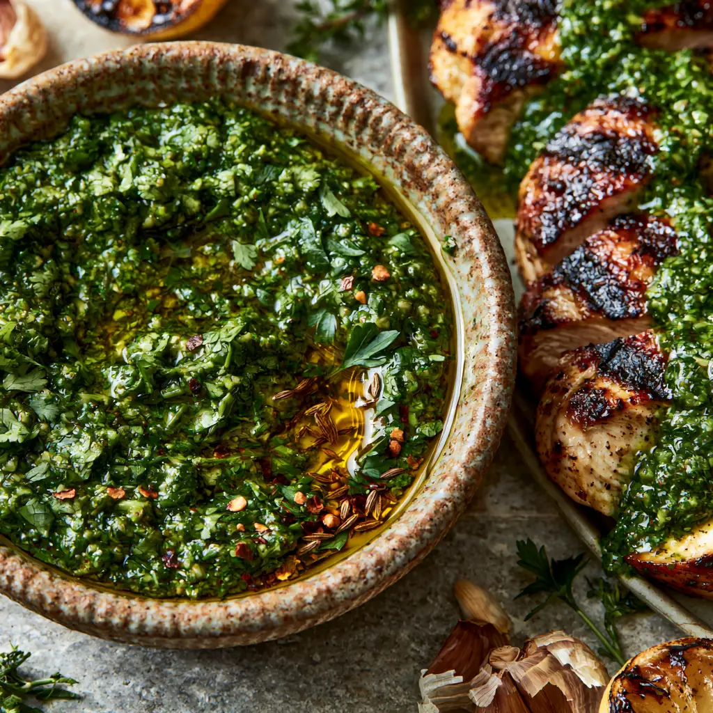 Chermoula: The Ultimate Vibrant Moroccan Herb Sauce for Perfectly Seared Chicken 2 Top-down macro shot of chunky green chermoula sauce in a ceramic bowl with cilantro, parsley, and olive oil.