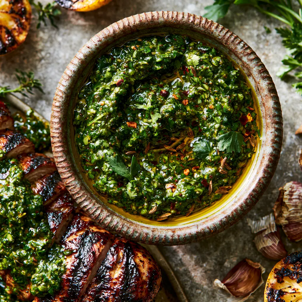 Chermoula: The Ultimate Vibrant Moroccan Herb Sauce for Perfectly Seared Chicken 1 A close-up of seared chicken breast with caramelized grill marks next to a bowl of vibrant chermoula sauce.