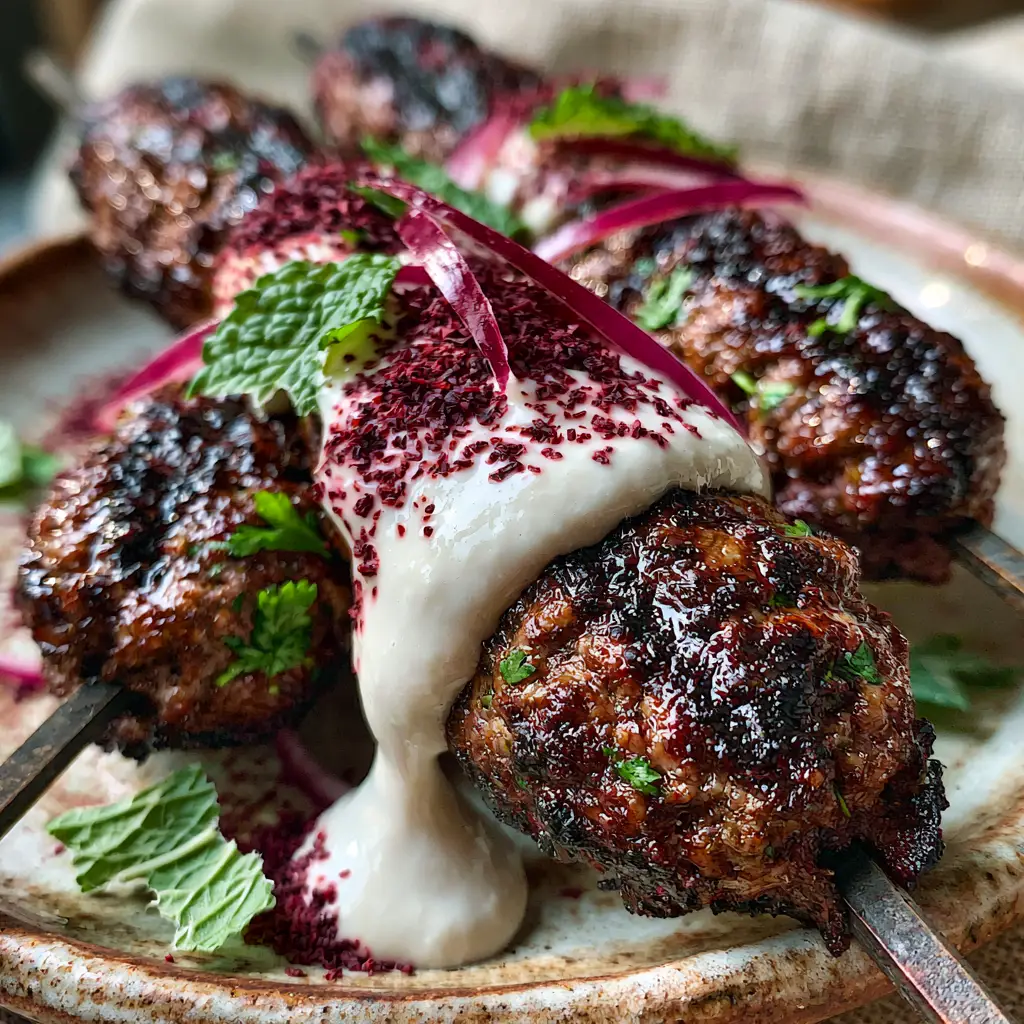 Moroccan Kefta Kebab: The Ultimate Juicy Grilled Beef Skewers 1 Moroccan Kefta Kebab drizzled with thick garlic sauce and topped with fresh mint and slivered red onions.