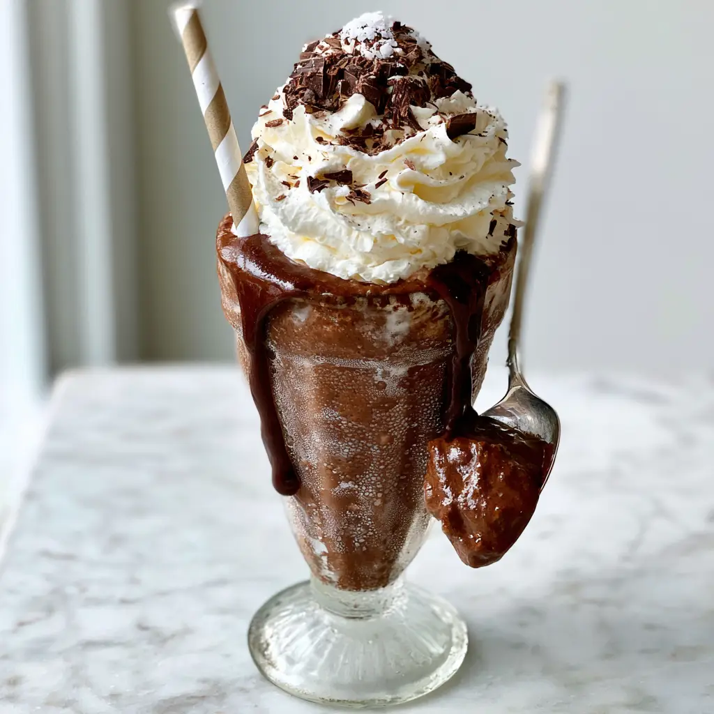 Close up of a thick chocolate milkshake in a frosted soda glass with a silver spoon lifting a non-dripping dollop. (chocolate milkshake recipes)
