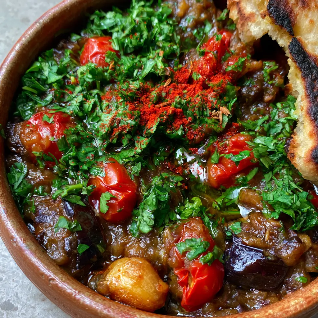 A close-up of blistered cherry tomatoes and fresh herbs in a Zaalouk recipe dip.