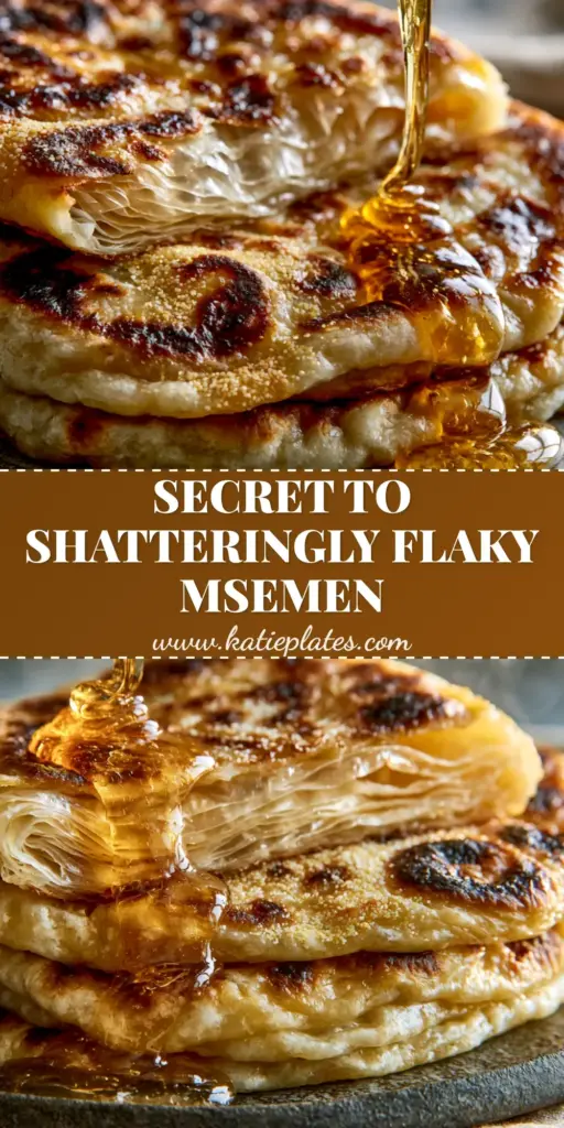 Moroccan Msemen Recipe: Flaky, Layered Square Flatbreads 3 A stack of golden-brown Moroccan Msemen flatbreads drizzled with thick amber honey and dusted with semolina. (Moroccan Msemen recipe)
