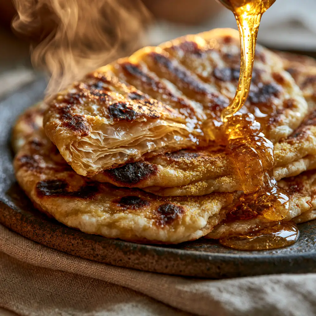 Moroccan Msemen Recipe: Flaky, Layered Square Flatbreads 1 A golden amber honey stream pouring onto a stack of blistered Moroccan Msemen flatbreads. (Moroccan Msemen recipe)