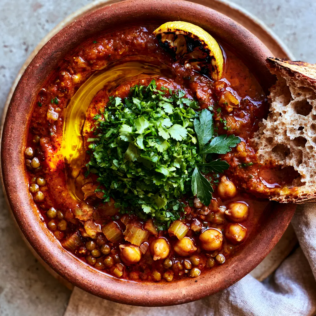 Close-up of Harira soup texture showing green lentils, chickpeas, and a charred lemon wedge.