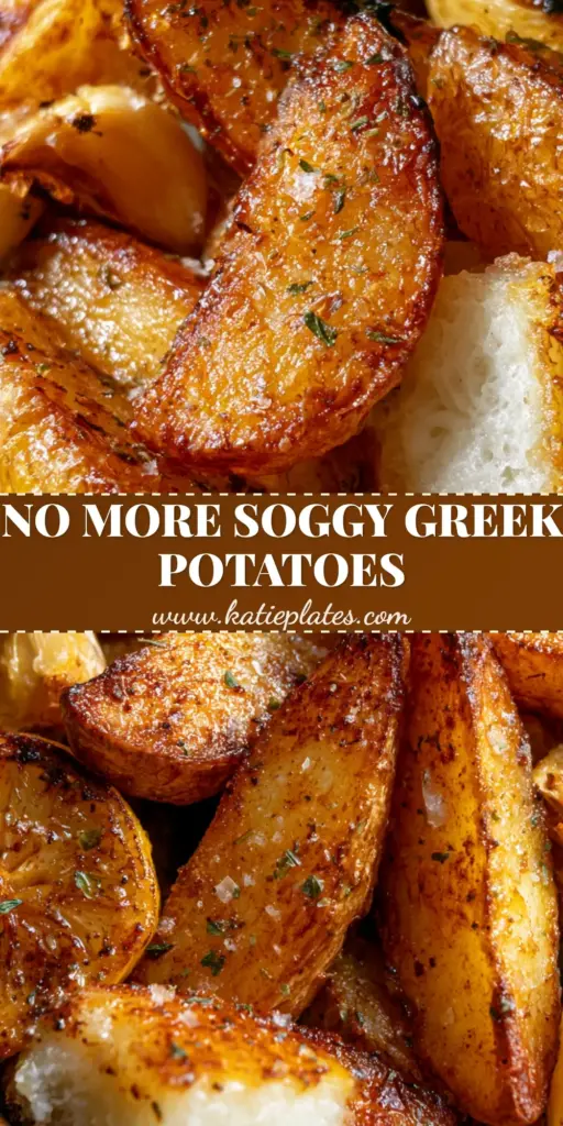 A close-up of crispy Greek roast potatoes with charred lemon wheels and flaky sea salt on a rustic platter.