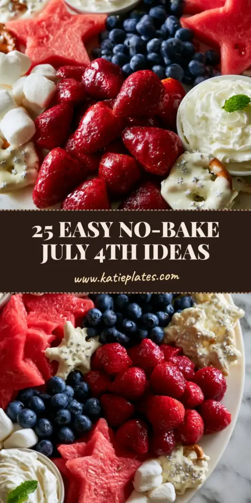 An overhead shot of a 4th of july food dessert board featuring star-shaped watermelon, white chocolate pretzels with silver stars, and fresh berries on a marble surface.