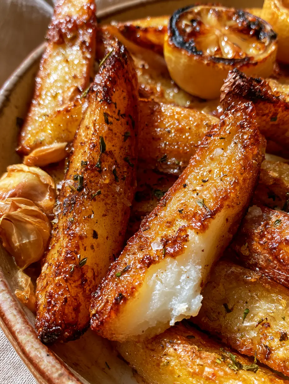 Extreme macro close-up of Greek roast potatoes showing air bubbles on golden crispy skin and dried oregano flecks.