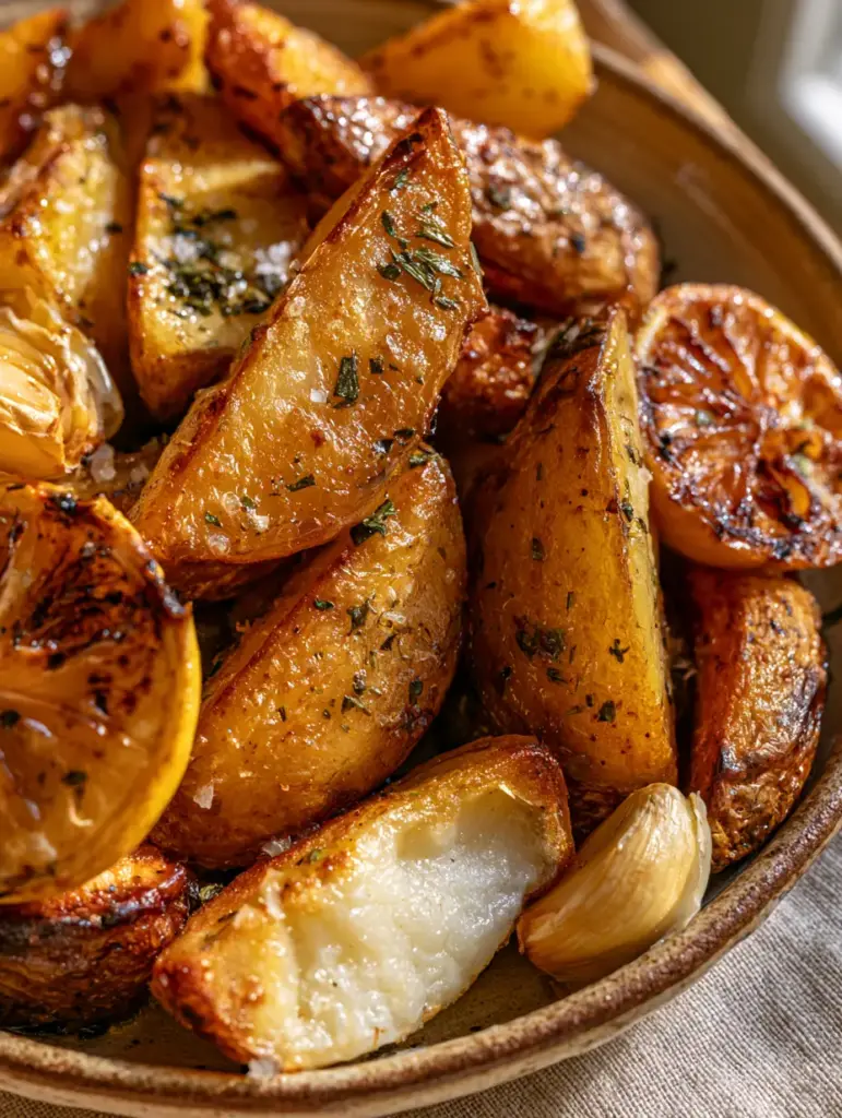 A pile of thick-cut Greek roast potatoes with charred lemon halves and whole roasted garlic cloves on linen.