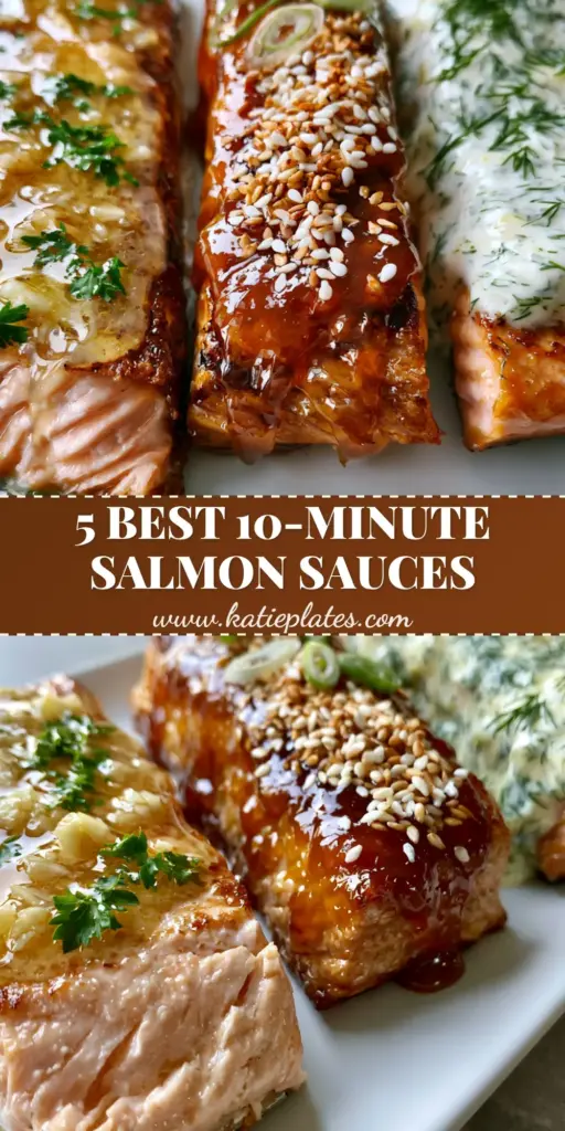 Three pan-seared salmon fillets on a white plate with three different Sauces for Salmon: garlic butter, honey sesame, and creamy lemon dill.