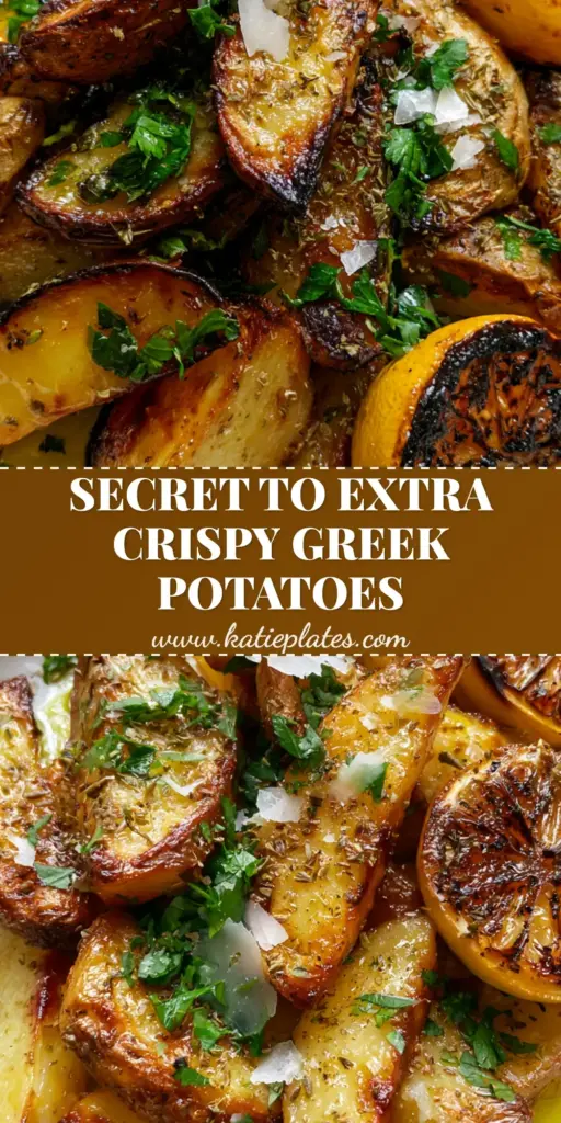 Lemon Roasted Greek Potatoes with Glass-Like Crispy Edges 4 A heap of extra crispy lemon roasted Greek potatoes on a white platter with charred lemon halves and parsley.