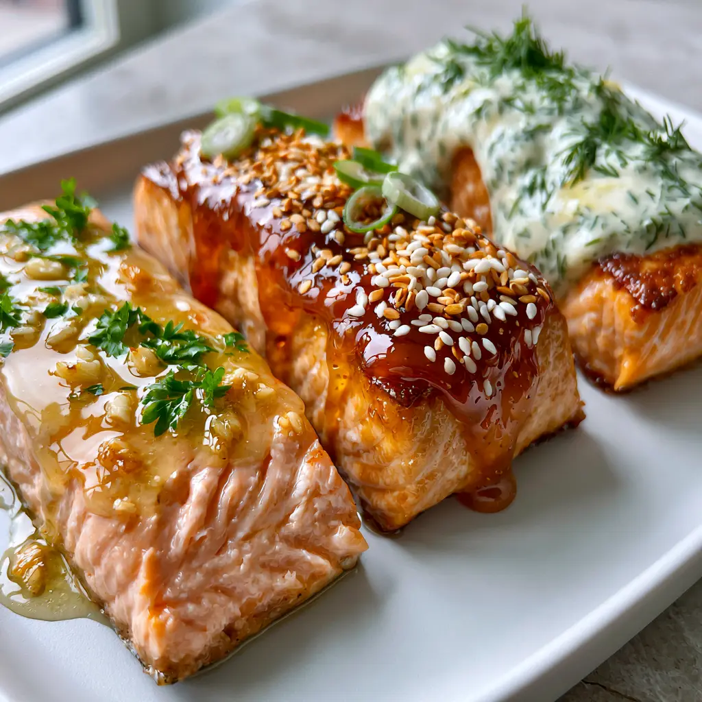 A close-up of a honey glazed salmon fillet with sesame seeds and scallions, one of our favorite Sauces for Salmon.