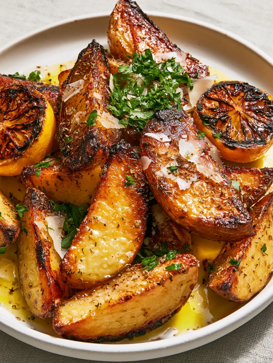Lemon Roasted Greek Potatoes with Glass-Like Crispy Edges 3 Overhead smartphone photo of lemon roasted Greek potatoes glistening with lemon-garlic emulsion.