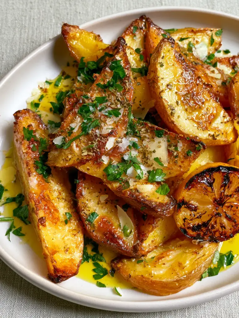 Lemon Roasted Greek Potatoes with Glass-Like Crispy Edges 1 Close up of a Greek potato wedge split open to show the steaming, creamy pale yellow interior.