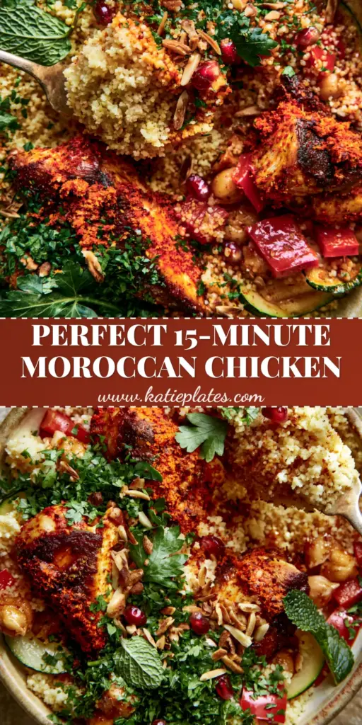Moroccan Couscous with Golden Spice-Crusted Chicken and Mediterranean Vegetables 4 A ceramic bowl filled with fluffy Moroccan couscous, spice-crusted chicken chunks, chickpeas, and pomegranate seeds.