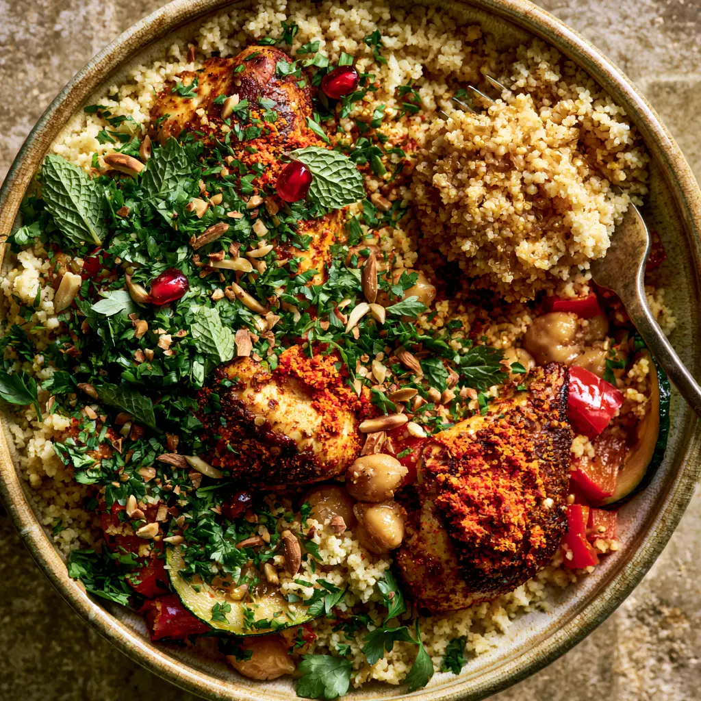 Moroccan Couscous with Golden Spice-Crusted Chicken and Mediterranean Vegetables 2 Top-down view of steaming Moroccan couscous with seared chicken, zucchini, and vibrant green herbs.