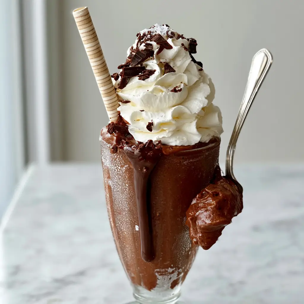 A massive swirl of stiff-peak vanilla whipped cream topped with dark chocolate shavings and sea salt flakes on a chocolate shake.