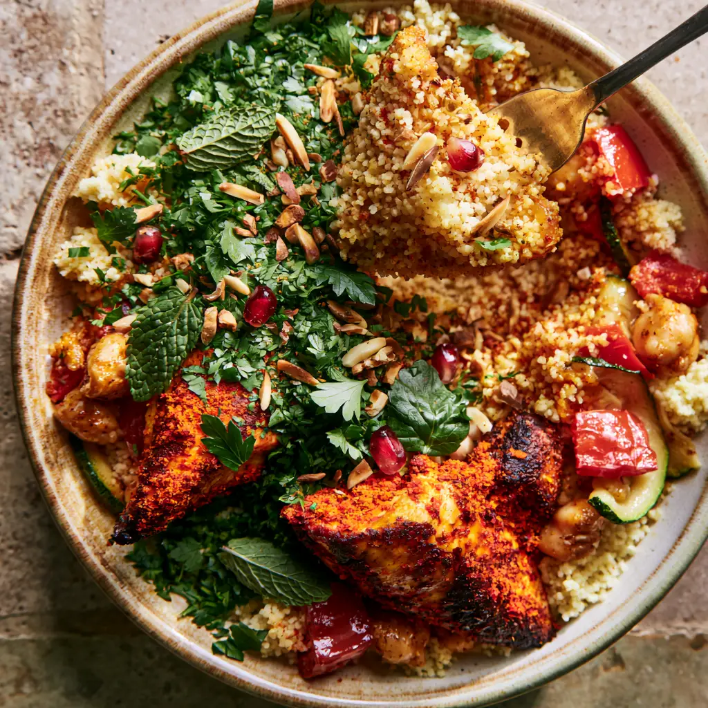 Moroccan Couscous with Golden Spice-Crusted Chicken and Mediterranean Vegetables 1 Close up shot of Moroccan couscous grains being lifted by a fork showing no clumping and jewel-toned pomegranate garnishes.
