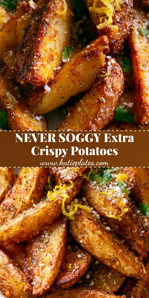Greek Potato Wedges: The Ultimate Crispy Roasted Recipe 4 A heap of extra crispy Greek potato wedges on a white platter, topped with feta, parsley, and lemon zest curls.
