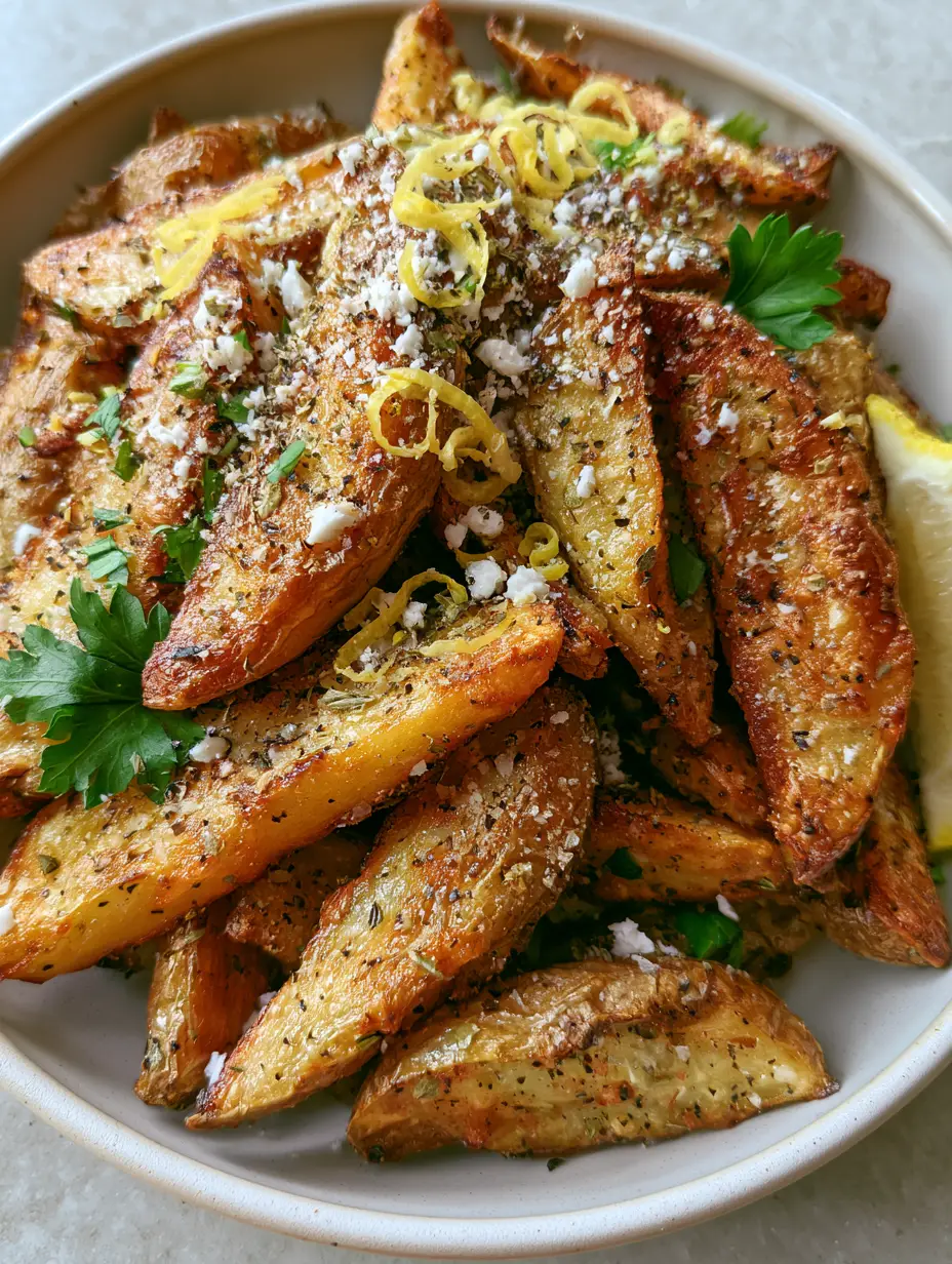 Greek Potato Wedges: The Ultimate Crispy Roasted Recipe 3 Close-up of blistered golden skin on Greek potato wedges with visible oregano and sea salt.
