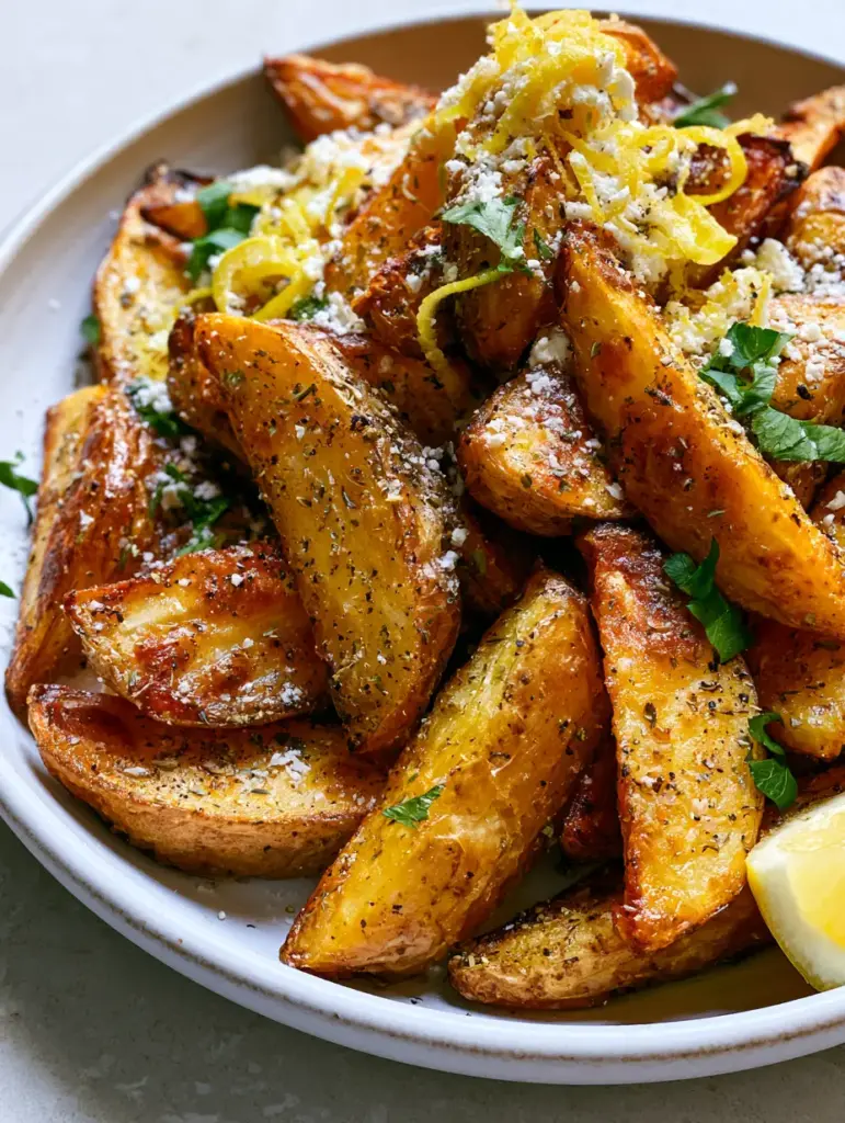 Greek Potato Wedges: The Ultimate Crispy Roasted Recipe 1 Handheld photo of a pile of Greek potato wedges seasoned with herbs and lemon zest.