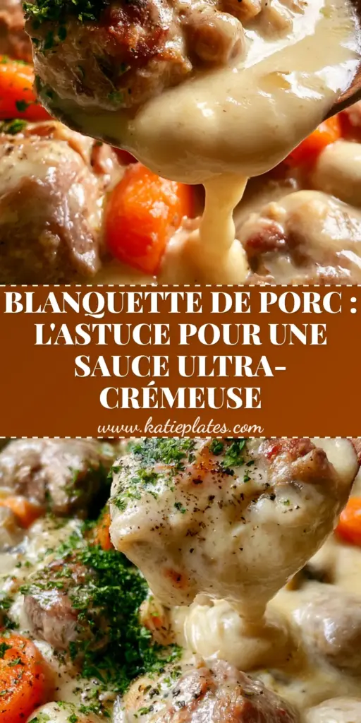 A close-up of Blanquette de Porc featuring tender pork chunks in a thick ivory cream sauce with carrots and mushrooms. (Blanquette de Porc)