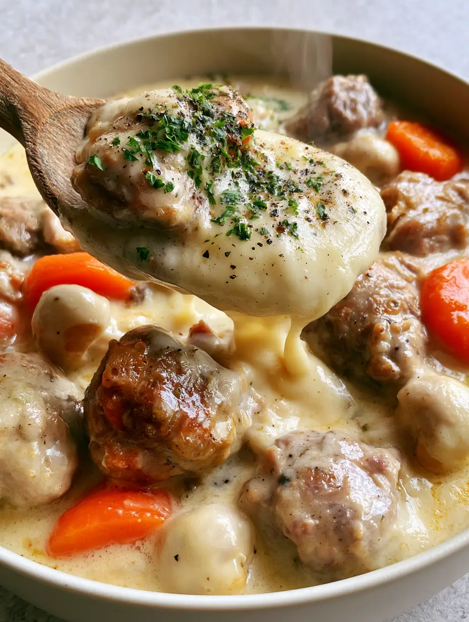 Extreme close-up macro shot of gourmet Blanquette de Porc in a rustic white bowl with rising steam. (Blanquette de Porc)