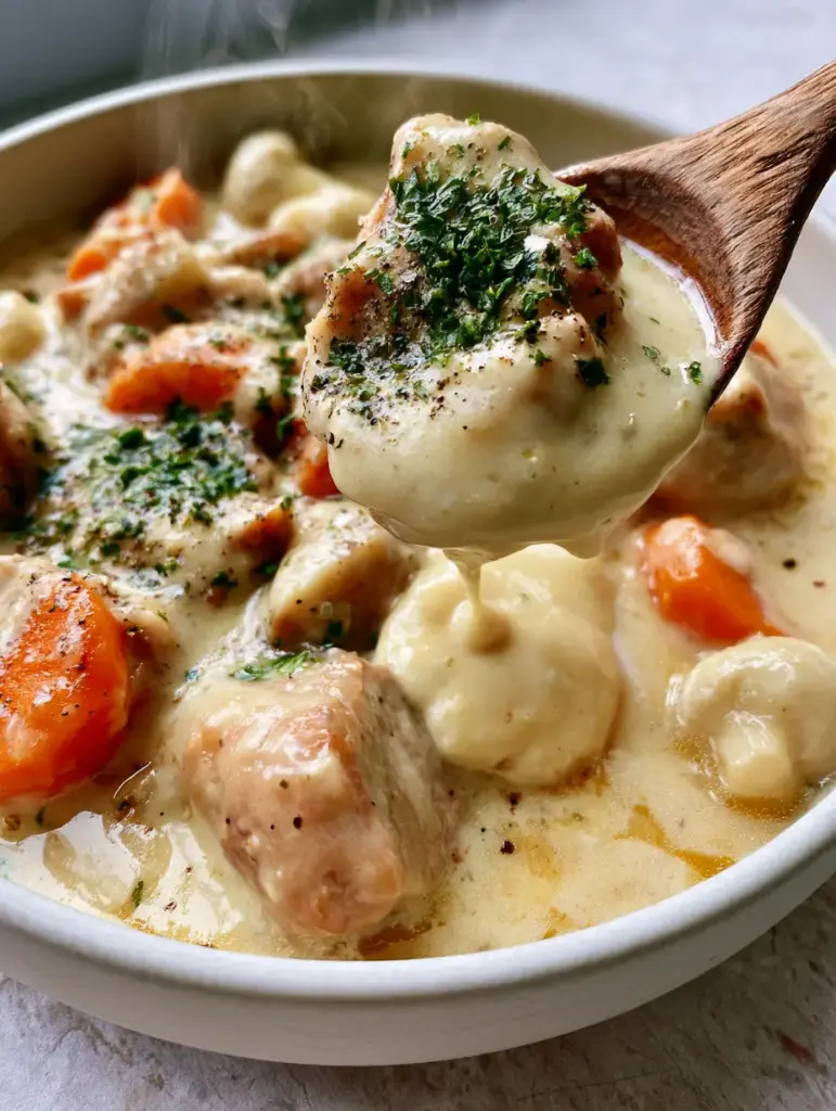 A wooden spoon lifting a portion of pork and velvet cream sauce from a bowl of Blanquette de Porc.