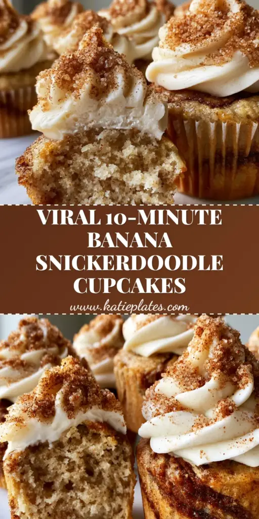 A tall stack of Banana Snickerdoodle Cupcakes with thick cream cheese frosting and sparkling cinnamon sugar on a marble surface.