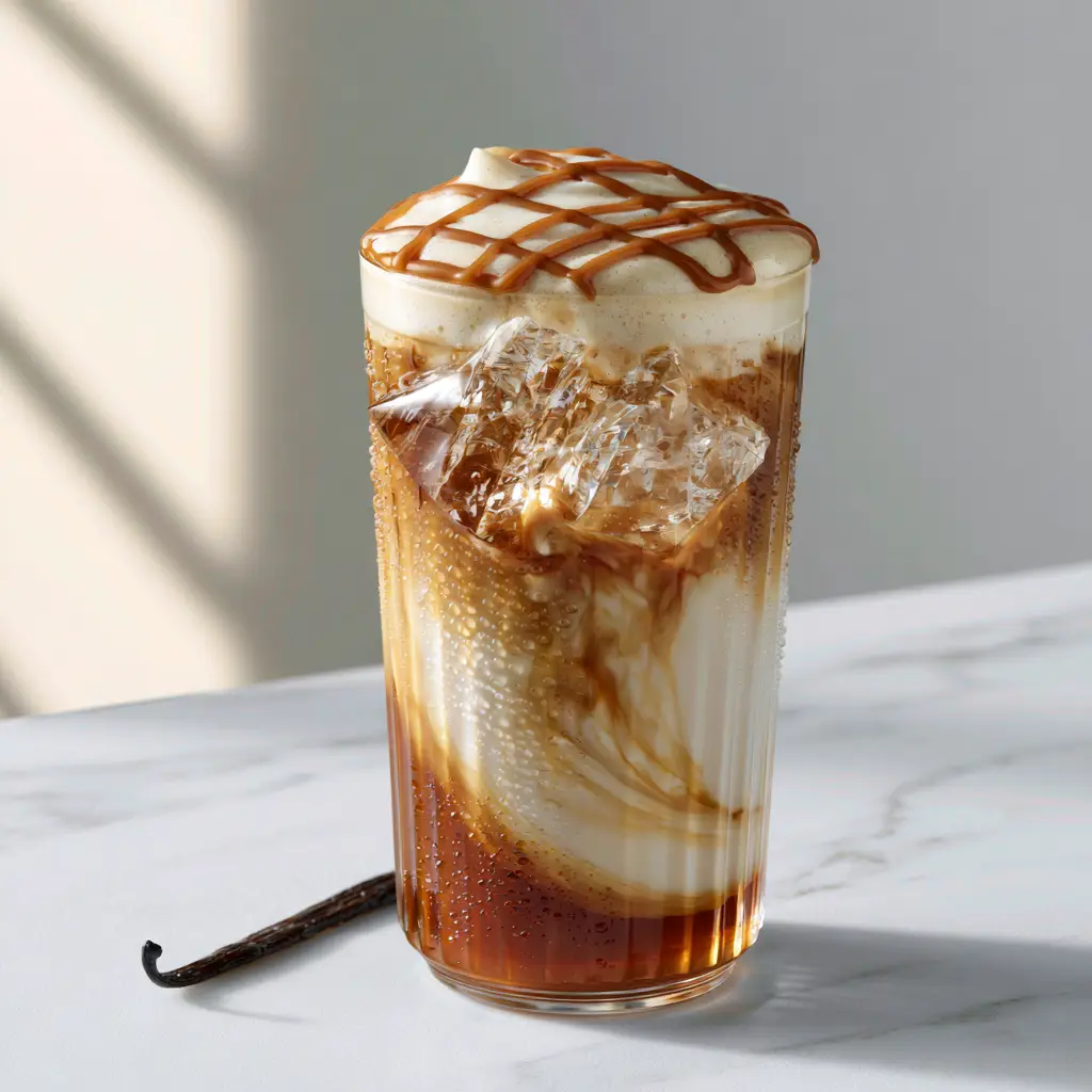 Starbucks Copycat Drink Recipes: The Ultimate Iced Blonde Vanilla Latte with Cold Foam 2 Close up of deep amber espresso swirling into creamy oat milk in a tall ribbed glass. (starbucks copycat drink recipes)