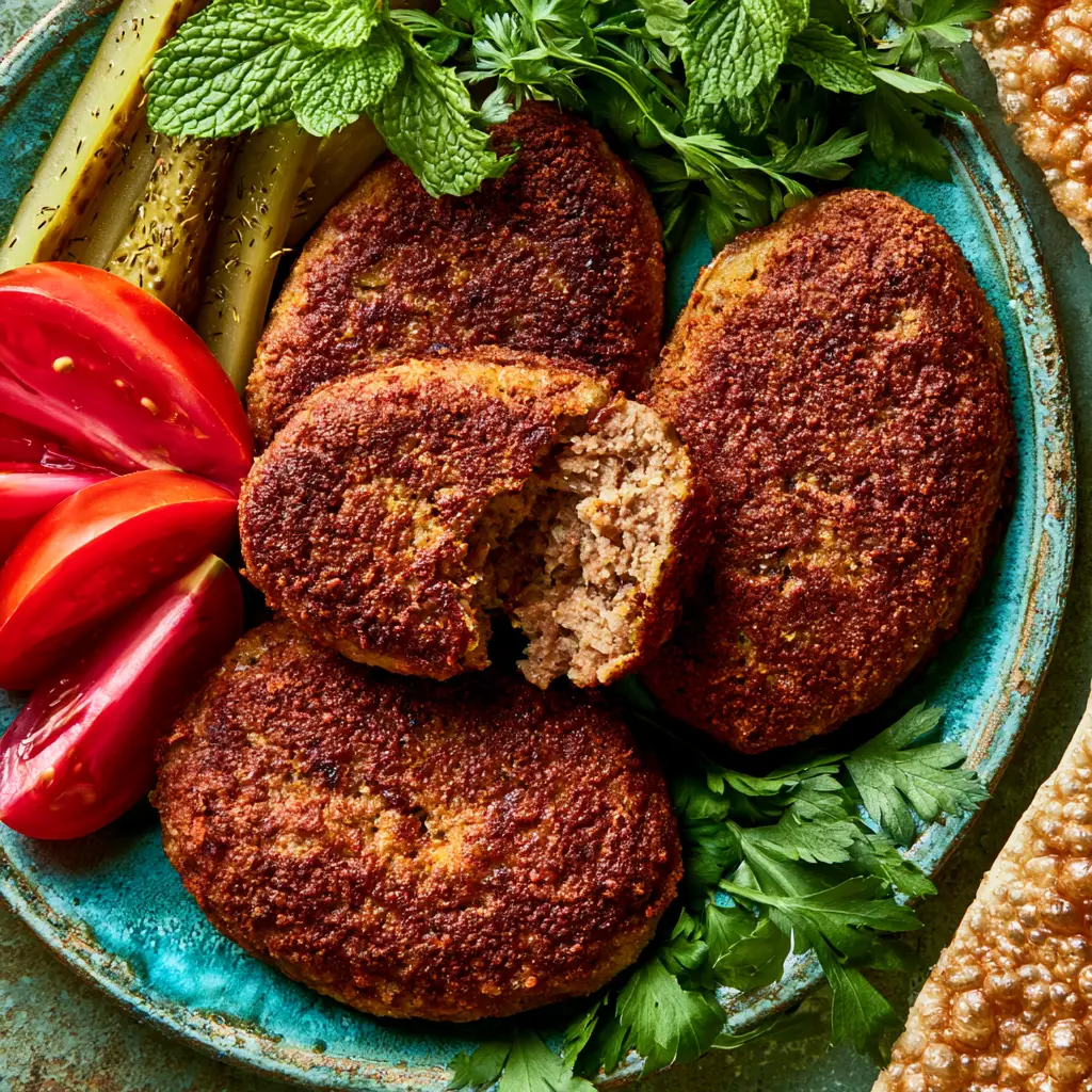 Persian Kotlet platter featuring vine-ripened tomatoes, pickles, mint, and toasted Sangak bread.