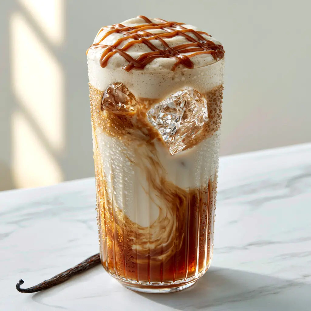 Starbucks Copycat Drink Recipes: The Ultimate Iced Blonde Vanilla Latte with Cold Foam 1 A top-down view of thick vanilla sweet cream cold foam with a caramel crosshatch pattern. (starbucks copycat drink recipes)