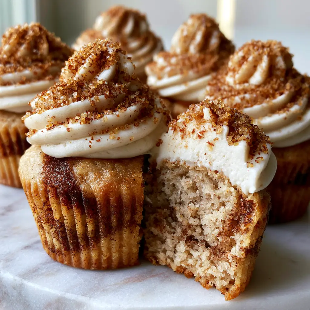 A Banana Snickerdoodle Cupcake split open to show the steaming, airy, ultra-moist interior crumb.