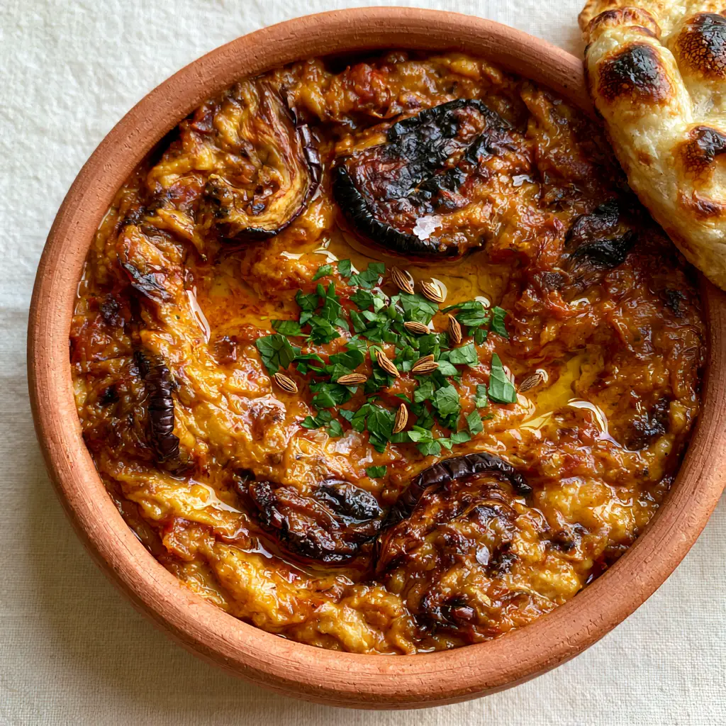 Moroccan Zaalouk: The Ultimate Smoky Roasted Eggplant and Tomato Dip 2 Overhead smartphone photo of Moroccan Zaalouk in a matte terracotta bowl showing charred eggplant and cumin seed garnish.