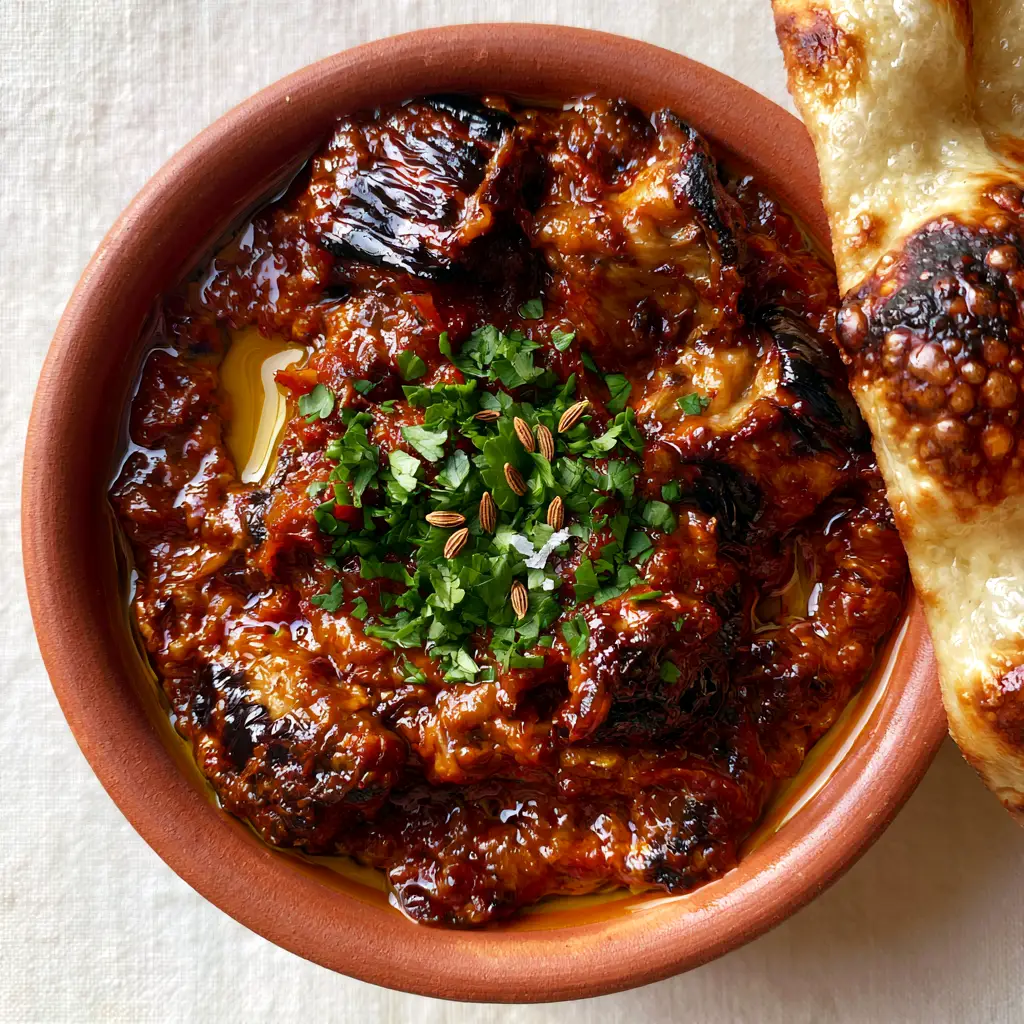 Moroccan Zaalouk: The Ultimate Smoky Roasted Eggplant and Tomato Dip 1 Close-up of chunky roasted eggplant and tomato mash with bright green parsley and whole cumin seeds.