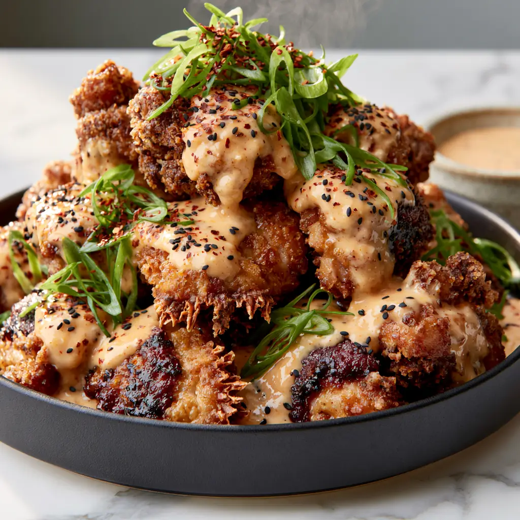 Top-down view of Bang Bang Chicken Thighs in a matte black bowl with vibrant green scallions and red chili flakes.