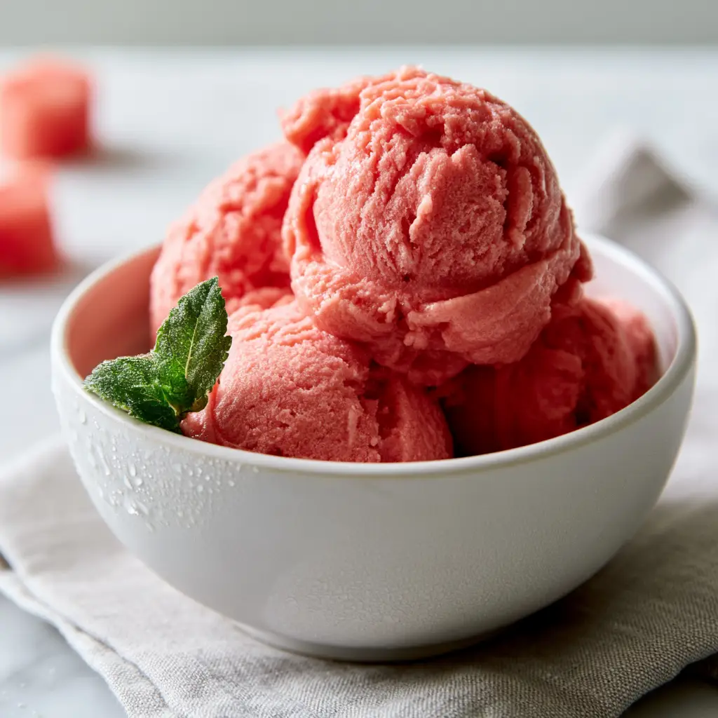 Macro shot of three scoops of vibrant coral-pink watermelon ice cream with soft ridges and a mint sprig. (watermelon ice cream)