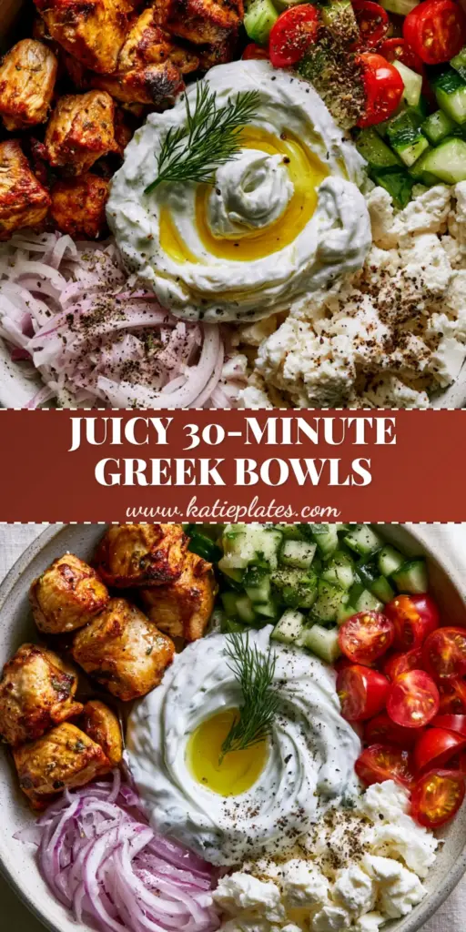 A top-down view of Greek chicken souvlaki bowls in a ceramic dish featuring charred air-fried chicken, cucumbers, tomatoes, feta, and a thick swirl of tzatziki sauce.