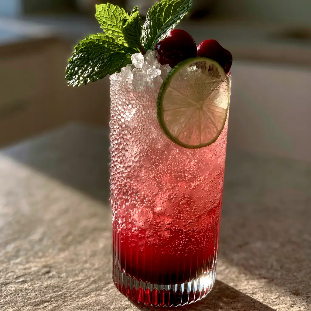 Healthy mocktail with tart cherry juice, lime, and mint on a sun-drenched stone countertop.