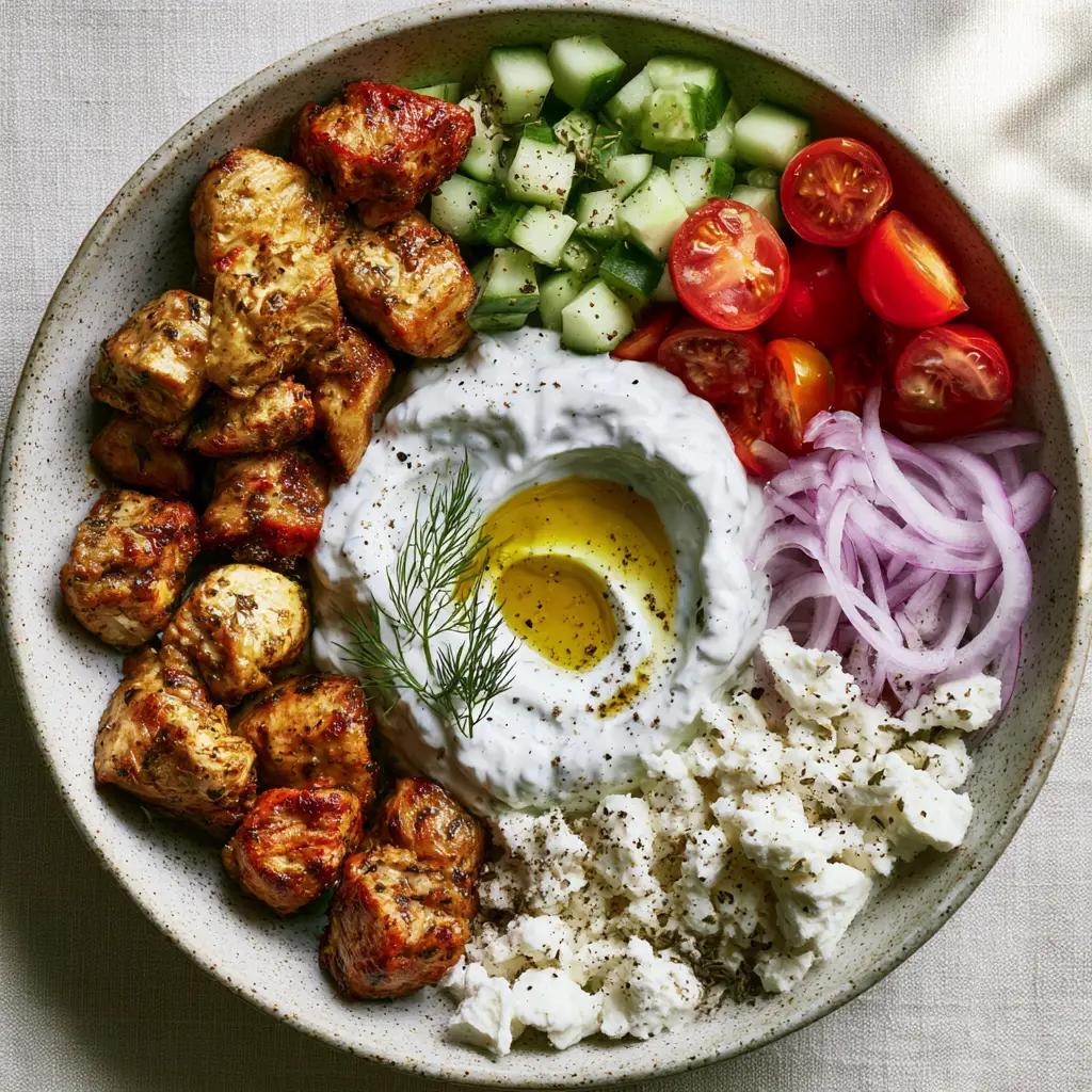 Close up of thick Greek tzatziki sauce with a deep olive oil swirl in the center of a souvlaki bowl.