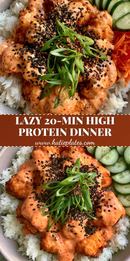 A top-down macro shot of a vibrant Bang Bang Chicken Bowl Recipe with crispy chicken, coral sauce, jasmine rice, and fresh vegetables.