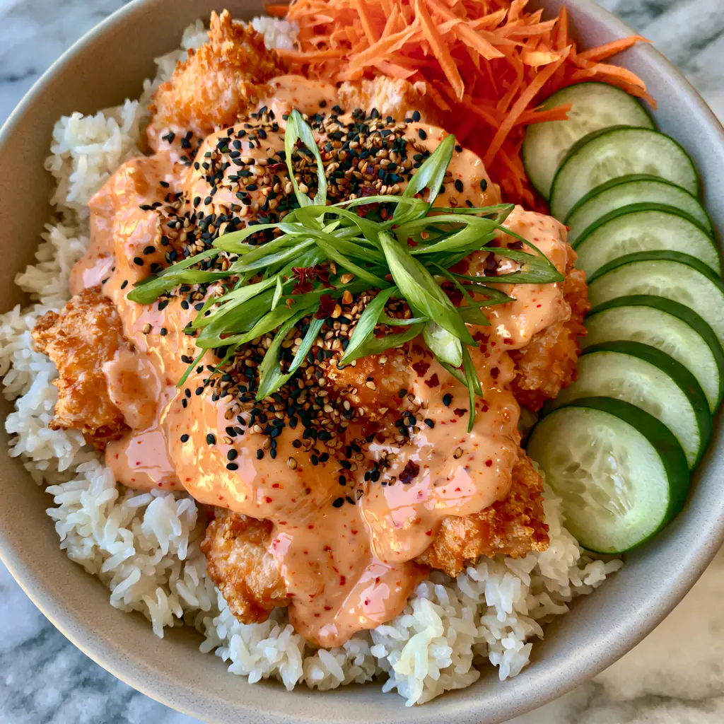 A handheld smartphone photo of a complete Bang Bang Chicken Bowl Recipe featuring jasmine rice, cucumber half-moons, and shredded carrots.