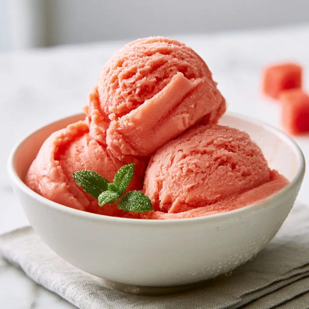 Watermelon Ice Cream with Rich Coconut Cream and Honey 1 Eye-level view of watermelon ice cream in a chilled bowl with condensation droplets and a linen napkin foundation.