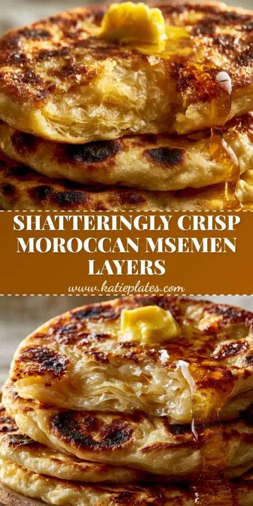 Moroccan Msemen: The Ultimate Guide to Shatteringly Crisp Laminated Flatbread 3 A stack of three warm Moroccan Msemen flatbreads topped with melting salted butter and amber honey drizzle on a rustic plate.