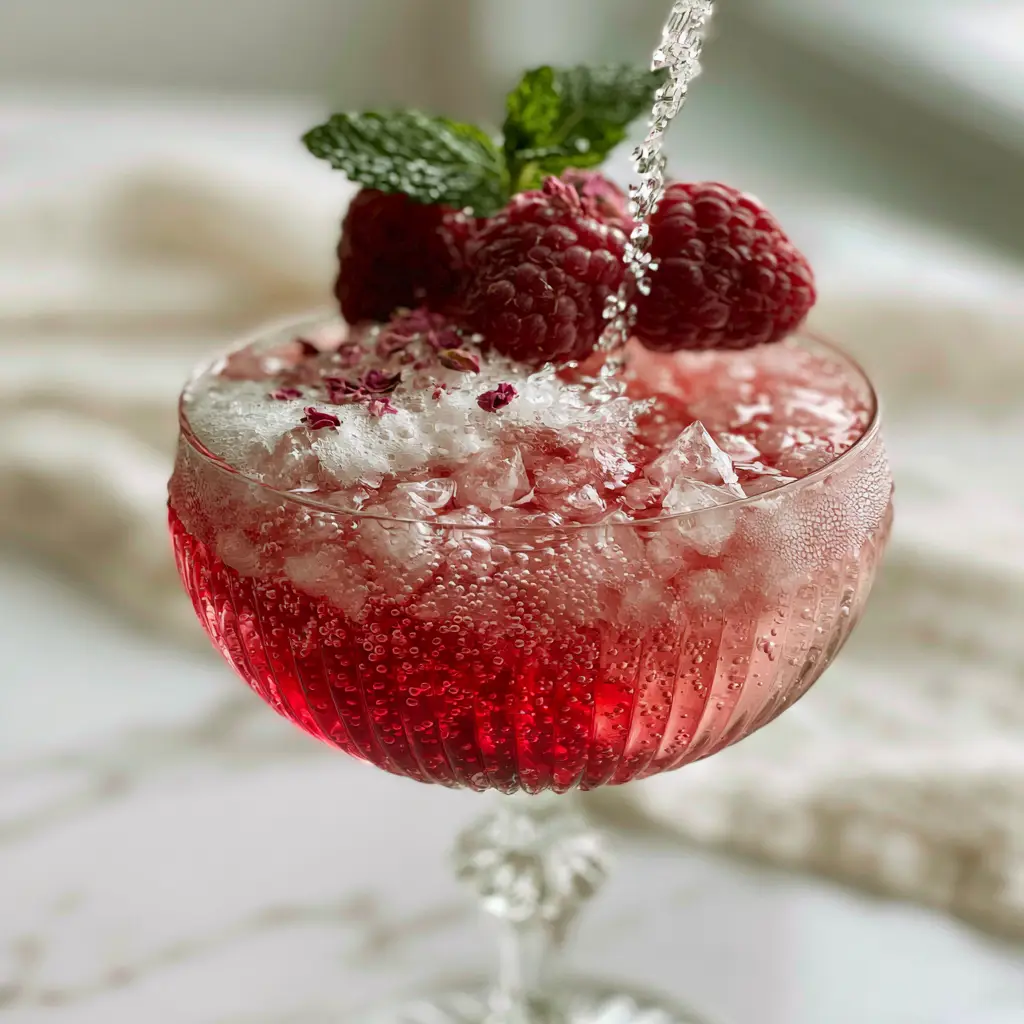 Sparkling water being poured into a red Valentine's Day mocktail, creating bubbles and foam. (Valentine’s Day Mocktail Recipes)