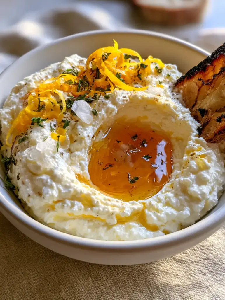 Close up of an airy cloud of Lemon Whipped Ricotta with a glistening wildflower honey swirl and bright yellow lemon zest curls.