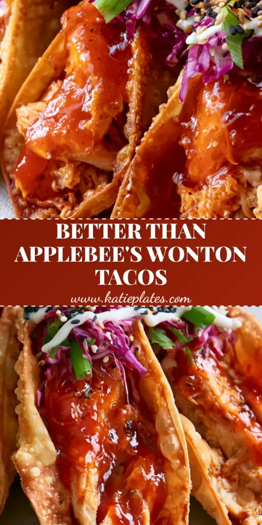 Three golden baked Chicken wonton tacos standing upright in a row, filled with glossy sweet chili chicken and vibrant slaw, garnished with lime crema and sesame seeds.