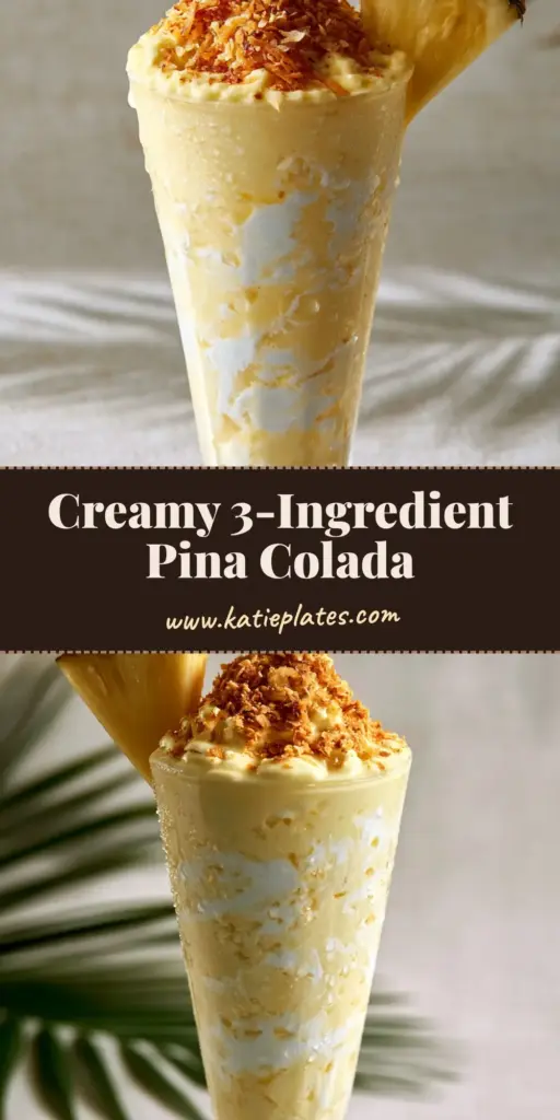 Pina Colada Smoothie: The Creamiest Tropical Blend (Aesthetic & Thick) 4 A tall fluted glass of thick pina colada smoothie with coconut cream swirls, topped with golden toasted coconut and a fresh pineapple wedge.