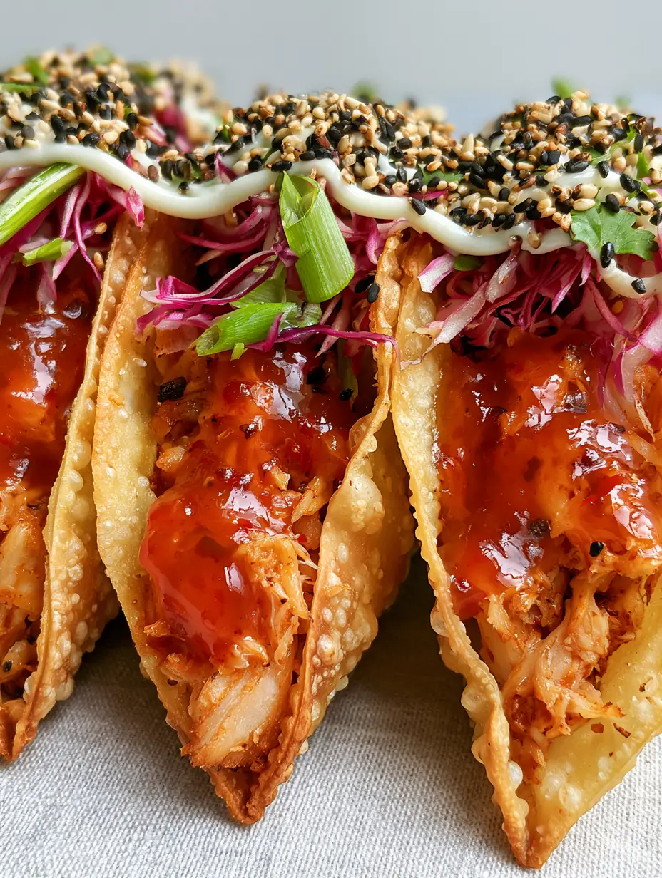 Close-up of crispy Chicken wonton tacos with visible air bubbles and translucent red sweet chili glaze under natural morning light.